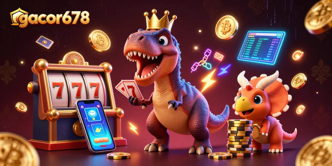 Engage in thrilling gaming action with gacor678 showcasing a T-Rex and friends amid vibrant casino elements.