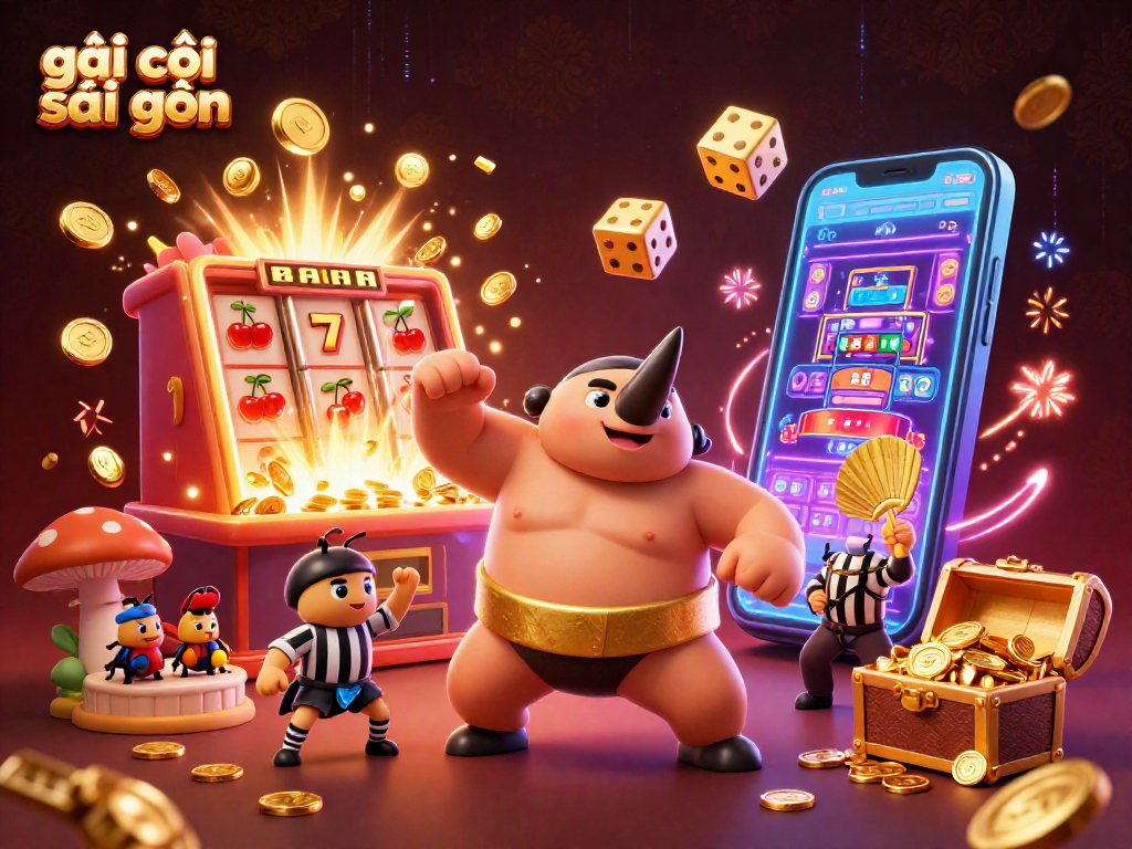 Engaging illustration showcasing gái gọi sài gòn with dynamic casino elements, featuring golden coins and slot symbols.
