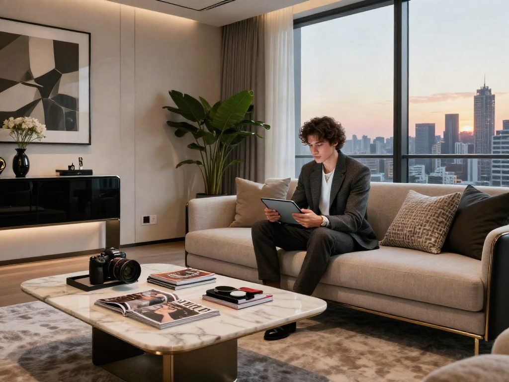 Scene lifestyle luxury111 dengan individu fashionable di penthouse modern.
