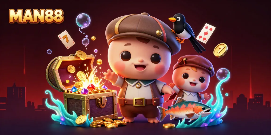 Win big with MAN88: A fun illustration of Nessie and friends engaged in a vibrant gaming atmosphere.