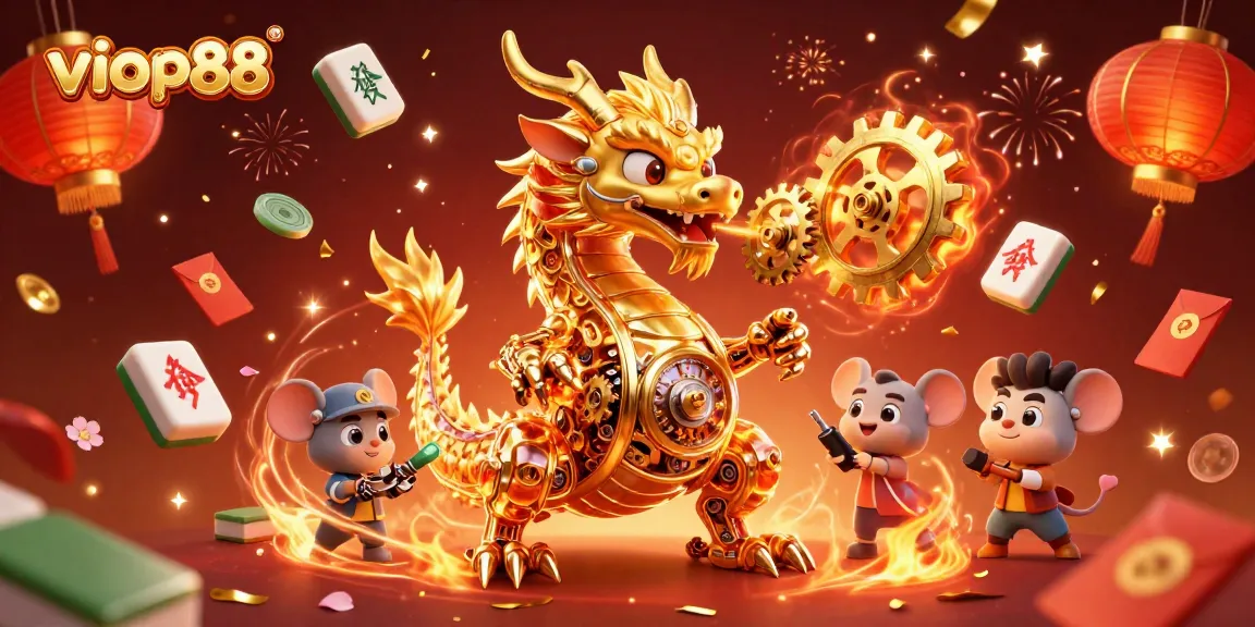 Engage with viop88's vibrant casino atmosphere featuring a golden dragon and abundant festive elements.