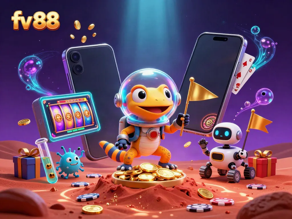 Experience fun with fv 88 in a vibrant 3D cartoon casino scene with golden treasures and exciting games.