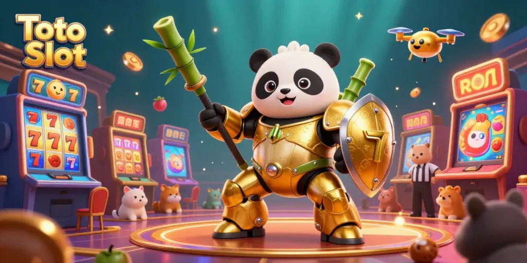 Gambaran yang menggambarkan Toto Slot dengan panda emas dan elemen slot di arena kasino.