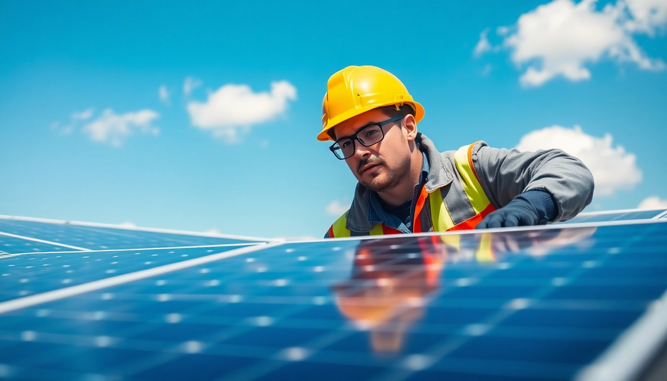 Technician performing solar system repair on solar panels, ensuring optimal performance.
