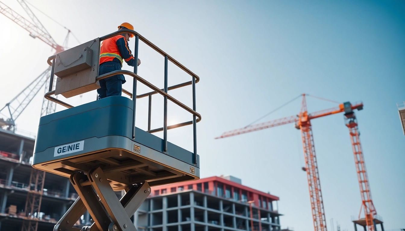 Worker using a genie lift at a construction site, exemplifying safety and efficiency.