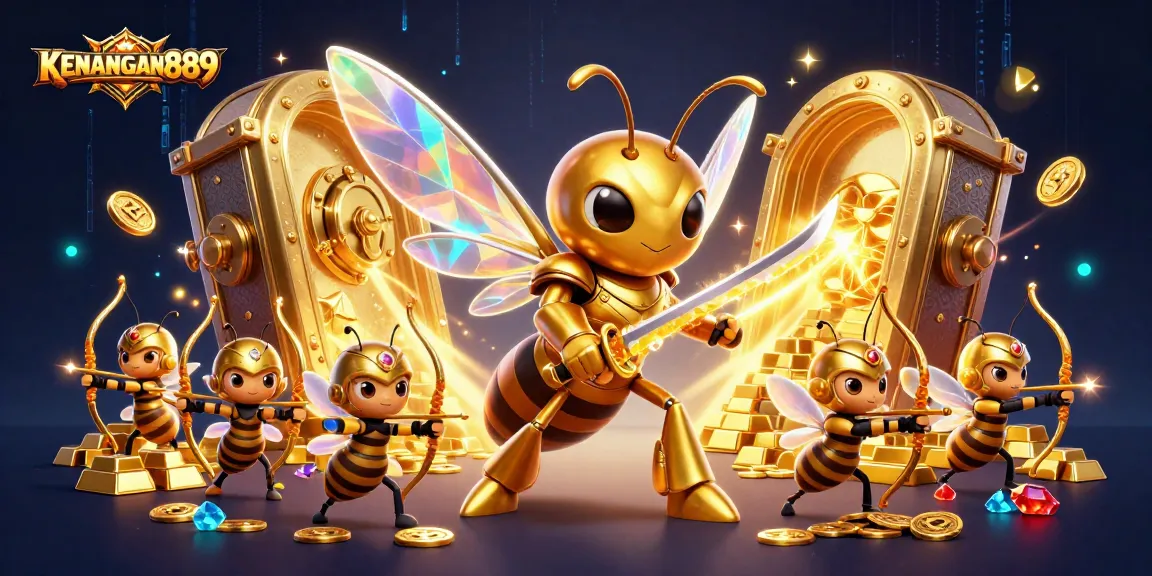 Play exciting slots on KENANGAN889, featuring a vibrant casino scene with golden treasures and dynamic characters.