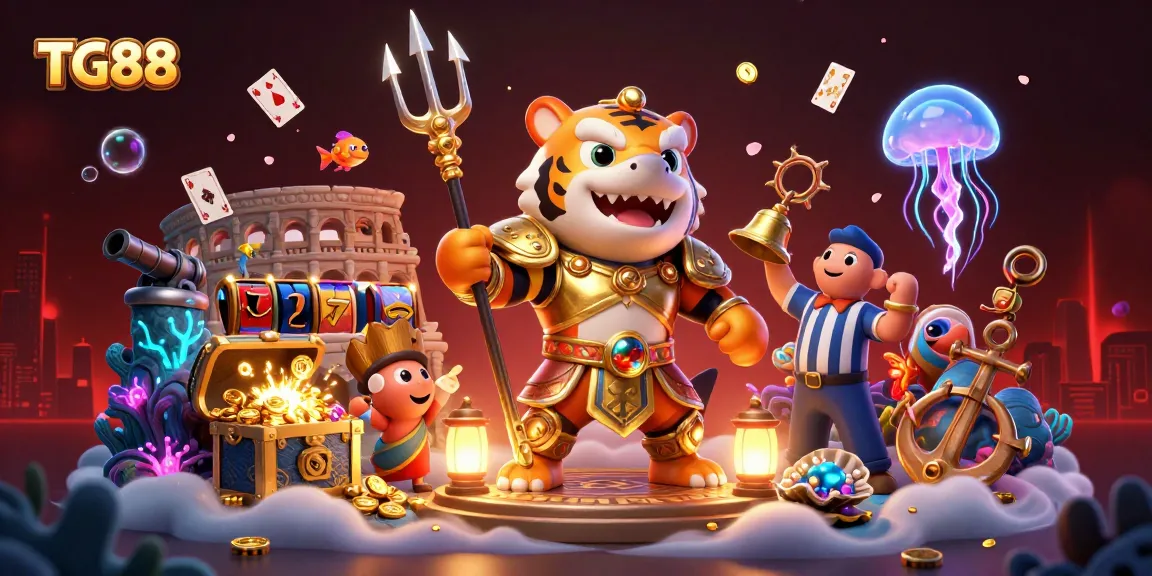 Experience the thrilling undersea adventure of TG88 with a fierce tiger shark in armor, surrounded by vibrant gaming elements.