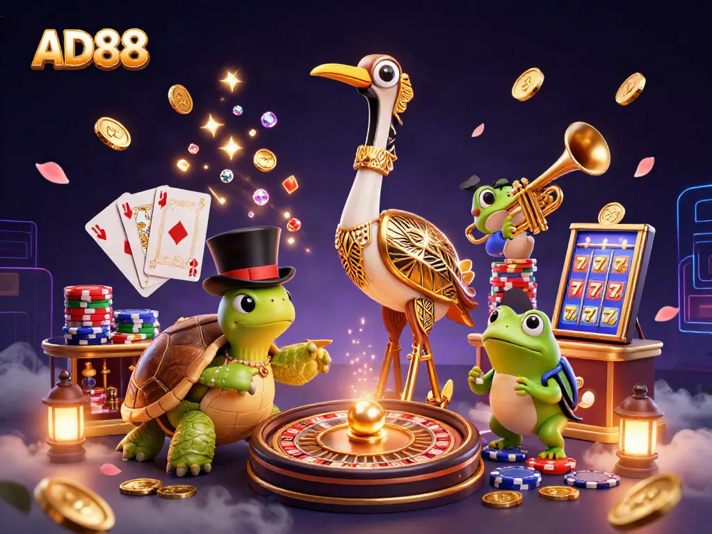 Experience the thrilling atmosphere of AD88 with vibrant characters and dynamic casino elements