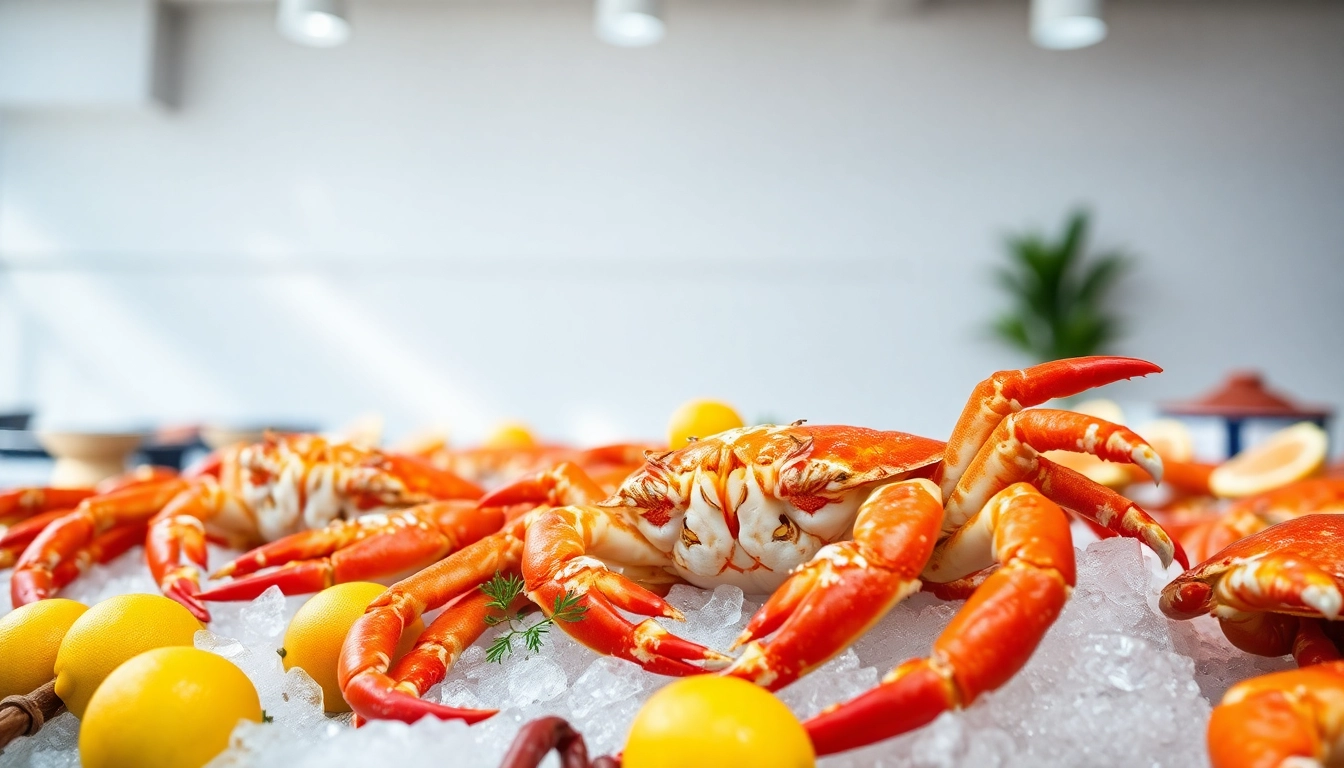 Showcase of fresh Norwegian king crab in a seafood market by a reputable wholesale supplier.