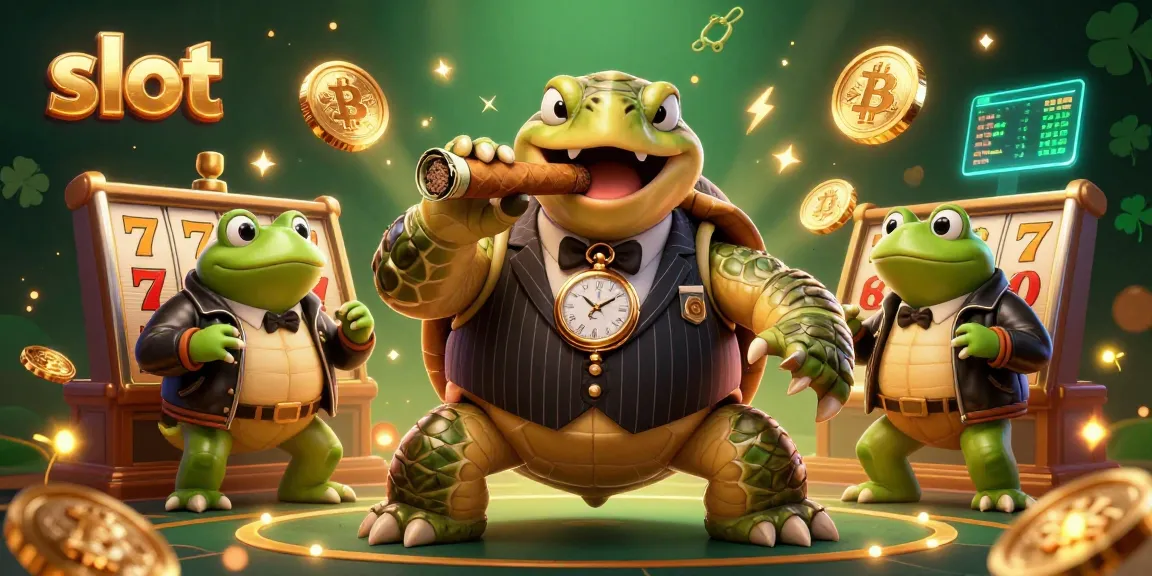Engage with slot reels and jackpots featuring a cartoon turtle in a mobster suit in a vibrant casino scene.