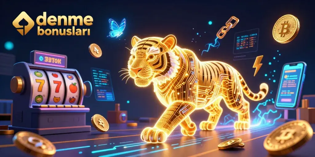 Engage with deneme bonusları in vibrant 3D casino world, featuring golden tiger, slot reels, crypto coins.
