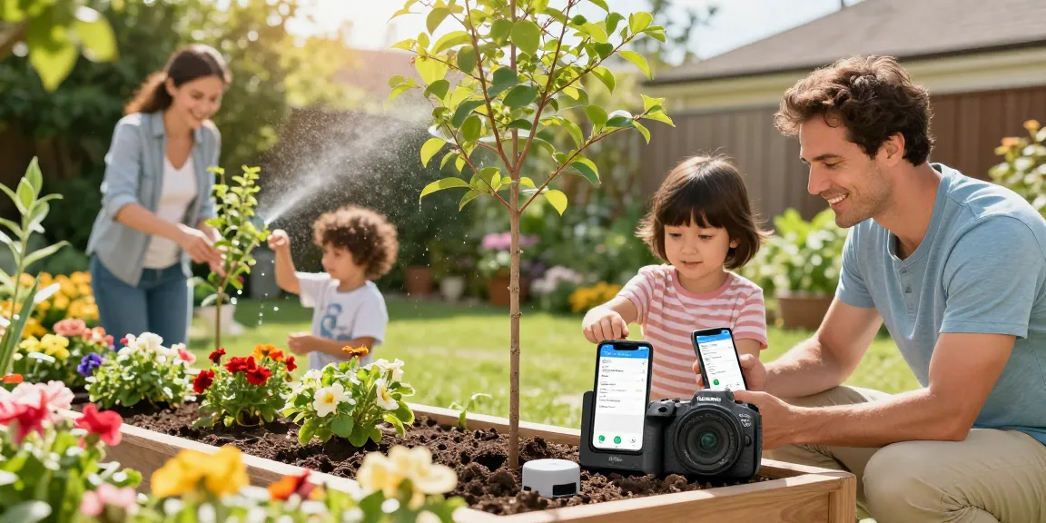 Family using rainpoint Irrigation Controllers in a vibrant garden for effective watering.