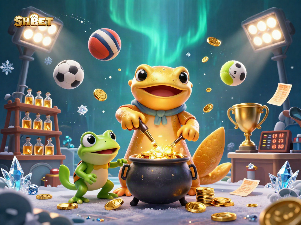 SHBET offers thrilling sports betting with an enchanting golden salamander alchemist in a vibrant 3D illustration.