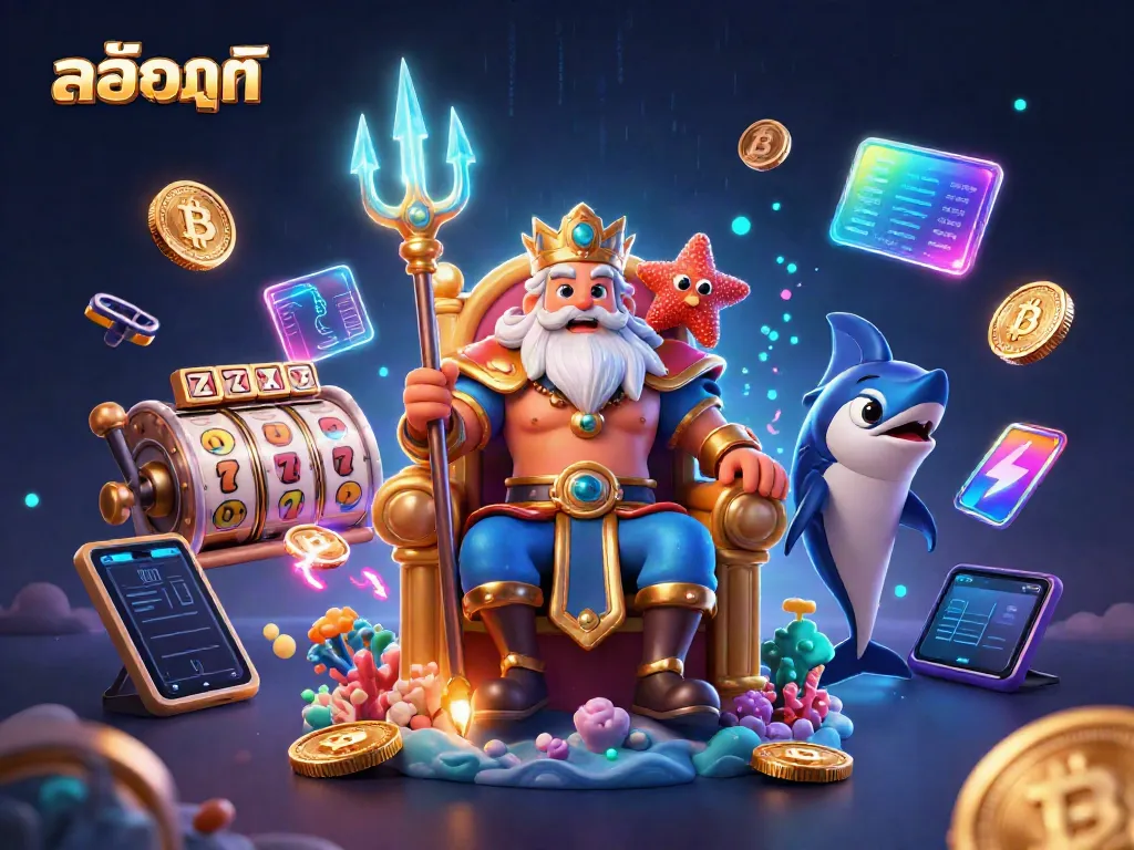 Experience สล็อตทดลอง with vibrant slot elements in a magical underwater scene featuring Neptune and a samurai.