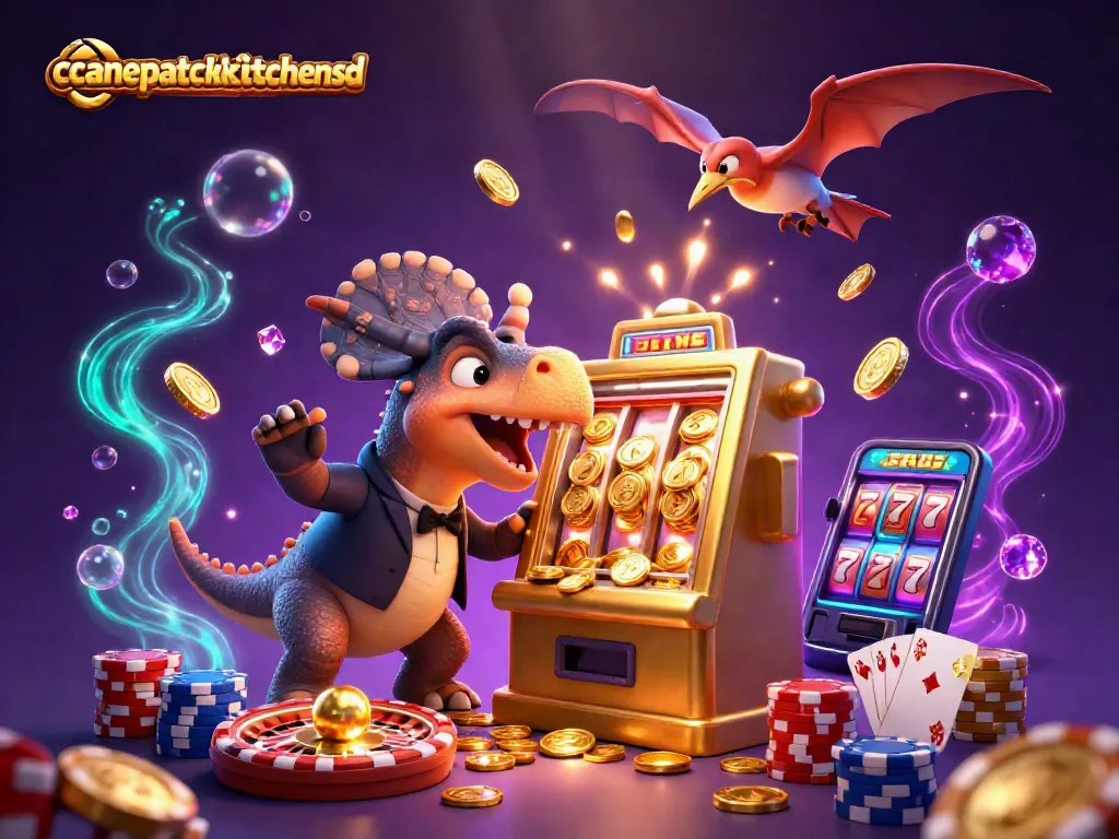 Experience thrilling wins with canepatchkitchensd as a cartoon dinosaur hits the jackpot on a slot machine.