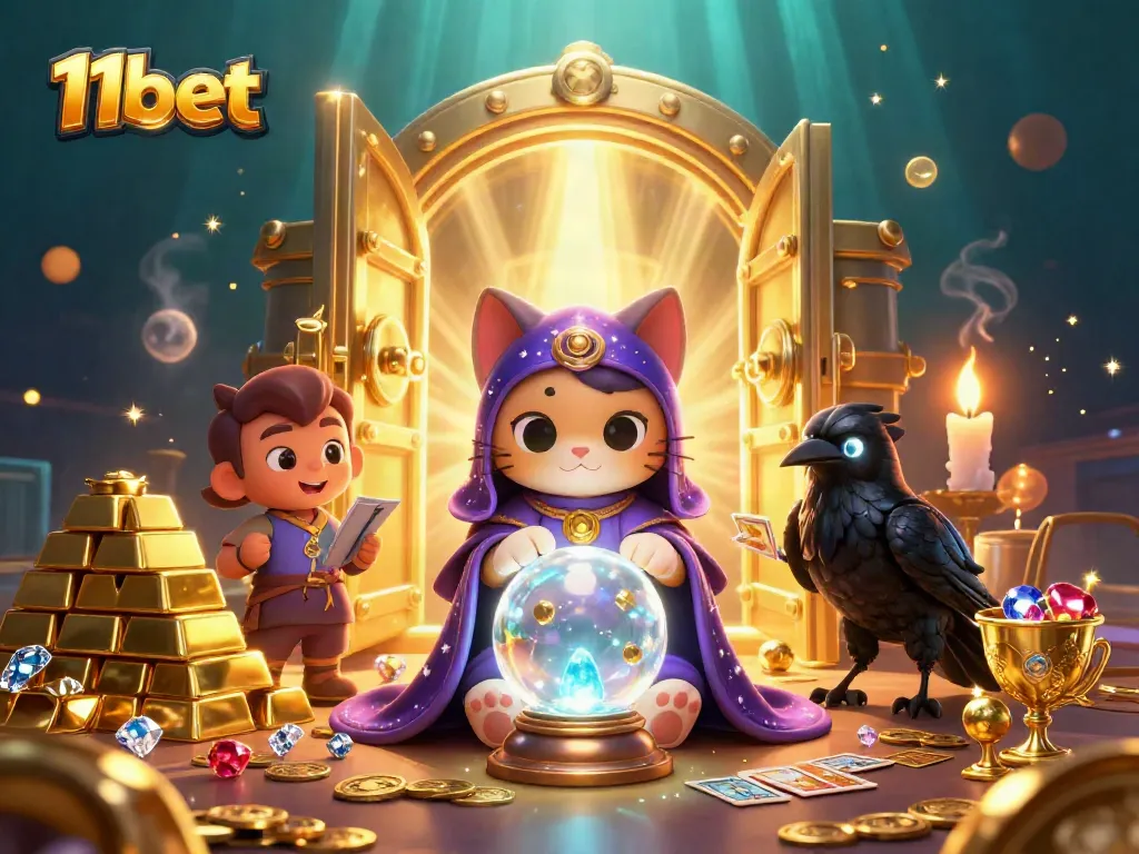 Play exciting games at 11bet with a treasure-filled 3D casino scene showcasing vibrant characters.