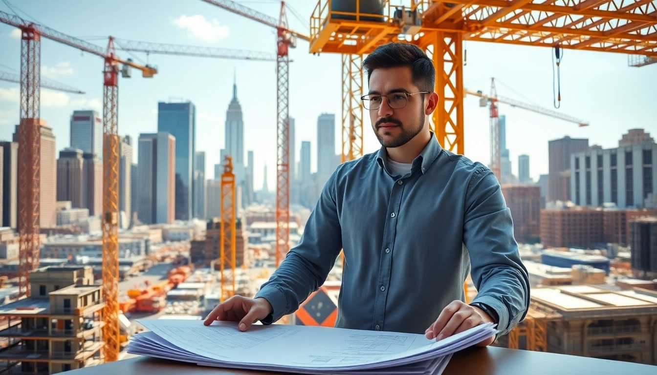 New York City Construction Manager reviewing plans with bustling skyline in the background.