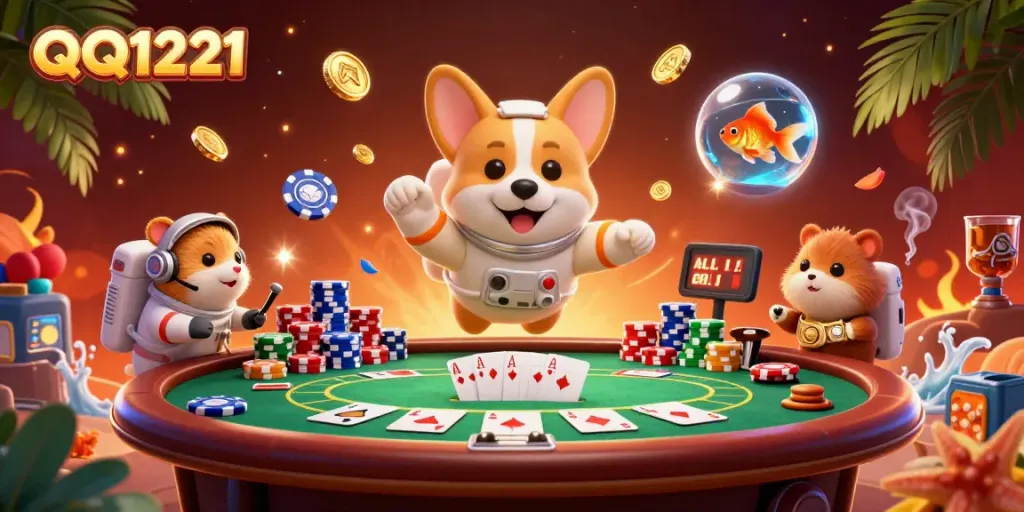 Engage with QQ1221 in an exciting space casino illustration featuring a corgi and colorful poker elements.