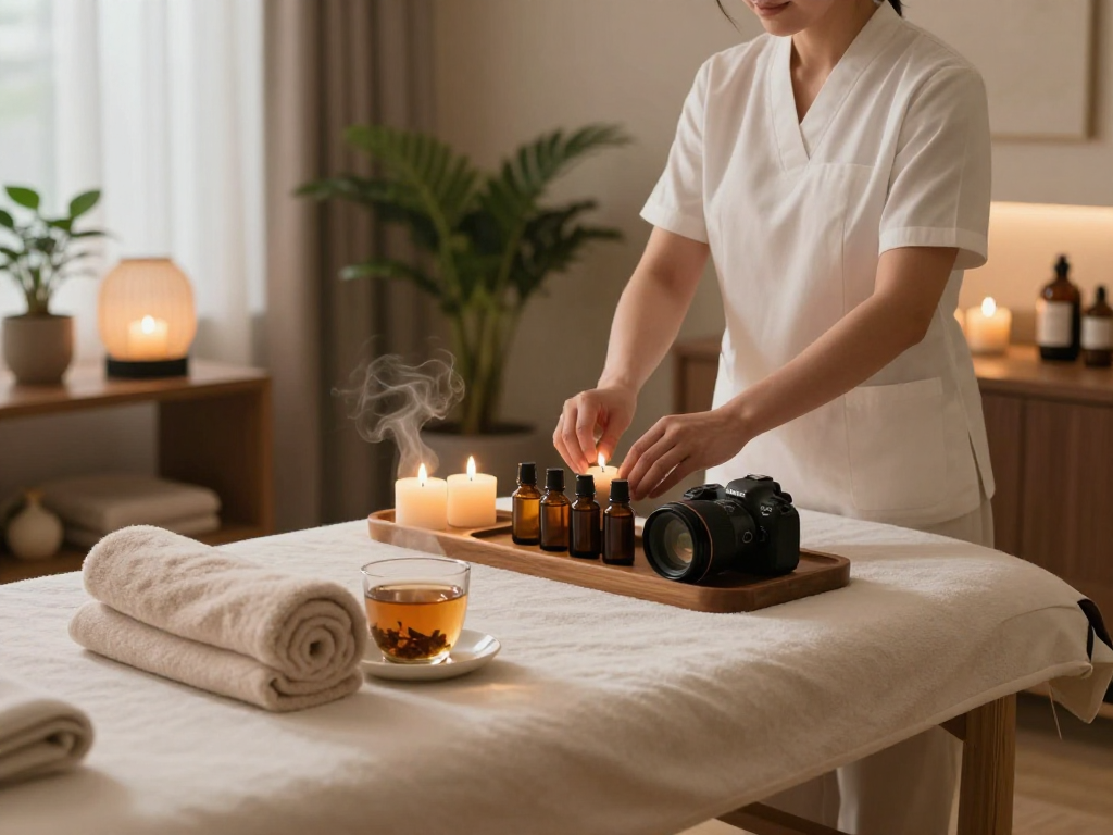 A serene spa setting with balanced aromatherapy elements, ideal for mantra88 relaxation experience.