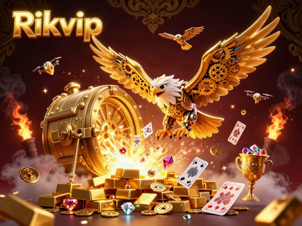Experience the thrill of Rikvip with a dynamic scene of golden treasures and holographic cards.