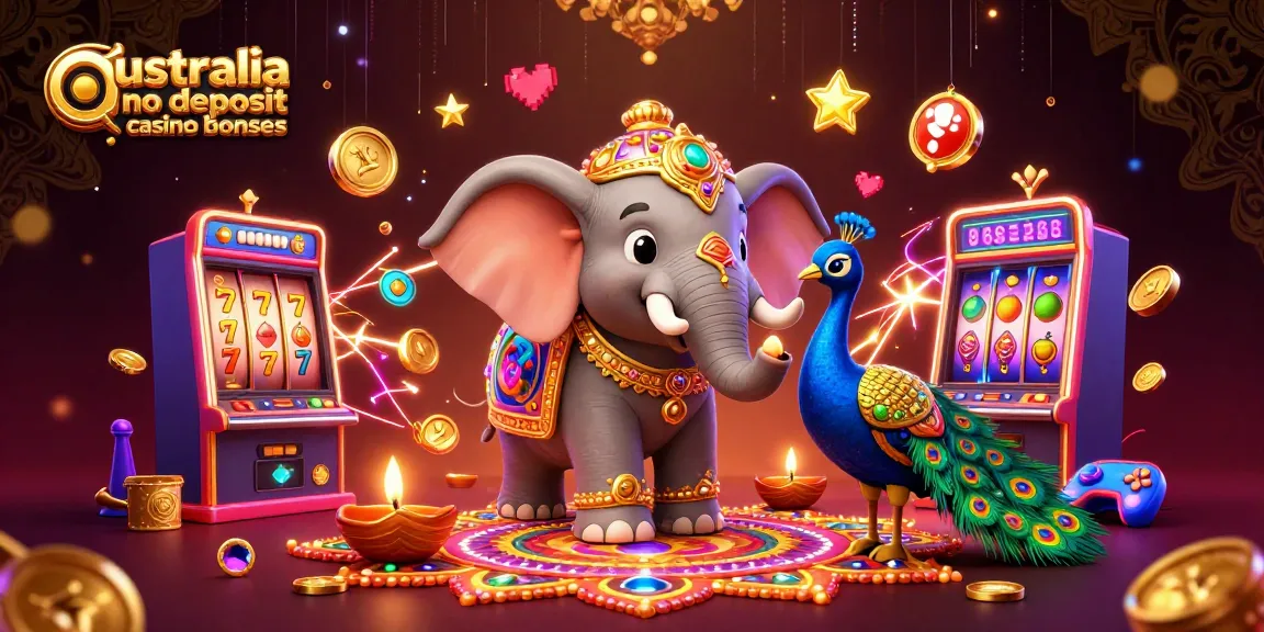 Experience australia no deposit casino bonuses with vibrant slots, festive elephant, and peacock in a lively gaming atmosphere.