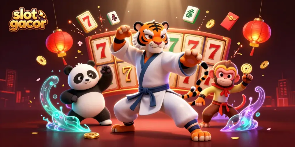 Experience the thrill of slot gacor with vibrant characters and casino elements in this dynamic 3D illustration.