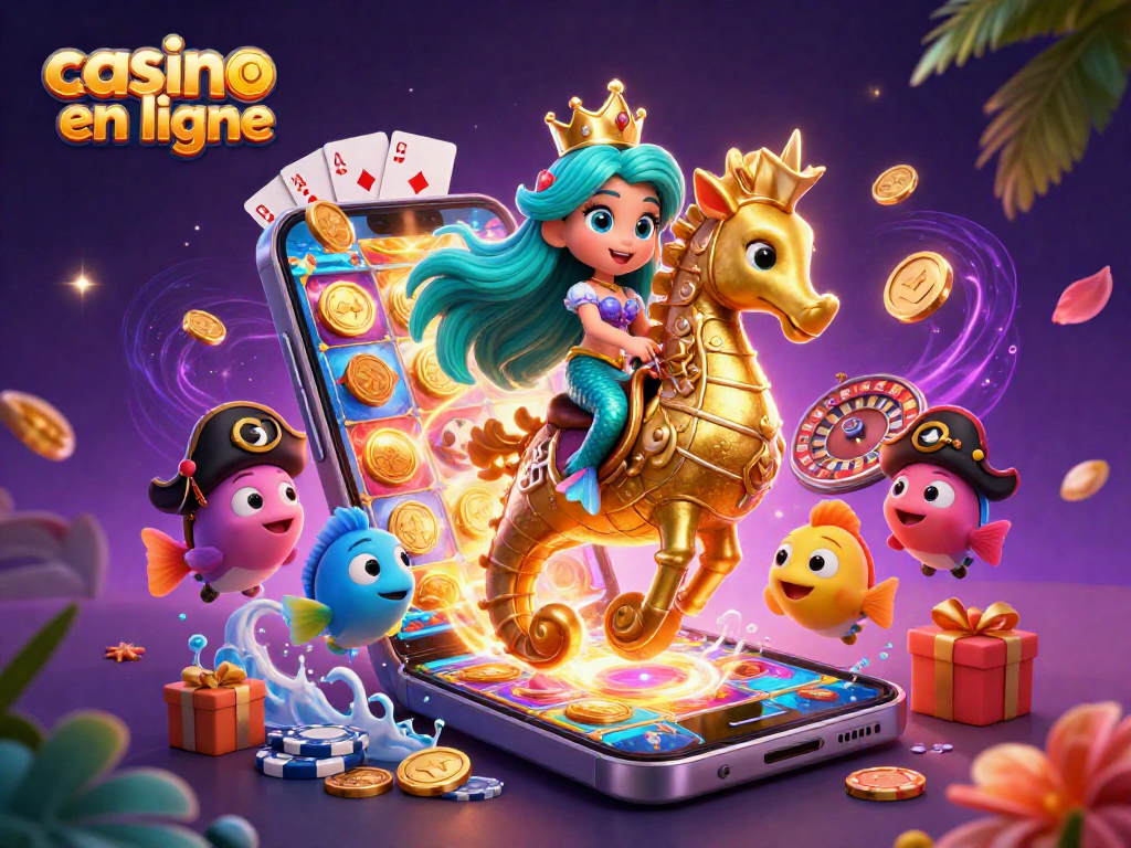 Illustration colorée d'une princesse sirène et son hippopotame, un casino en ligne dynamique.