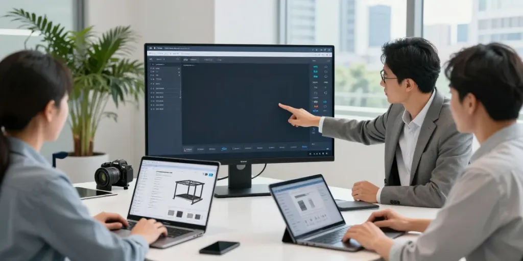 Collaborative team discussing dealer configurator software with product options displayed on digital screen.