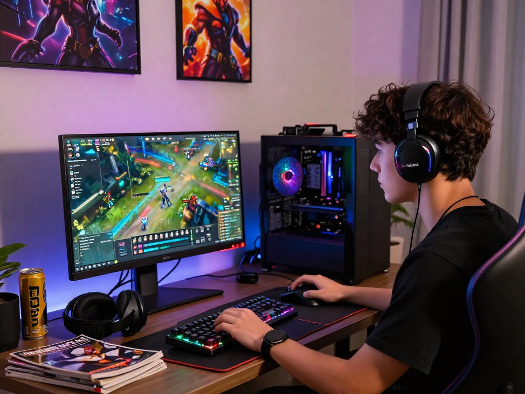 Bola88 online gaming setup with monitor, laptop, and RGB lighting.