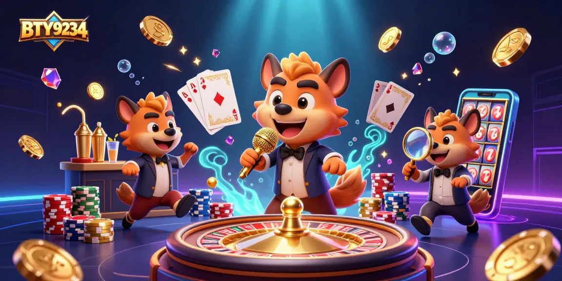 BTY9234 hyenas run a comedy casino club with vibrant gambling elements and a dazzling backdrop.