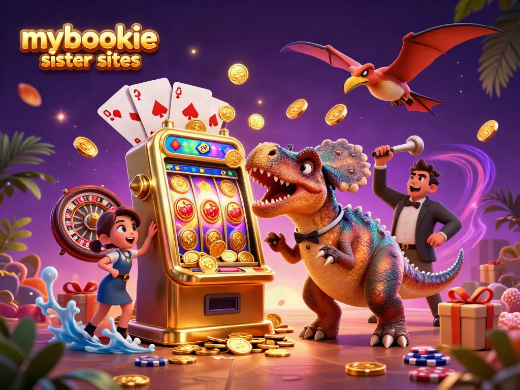 Engage with mybookie sister sites while a dinosaur wins big at a colorful casino scene!