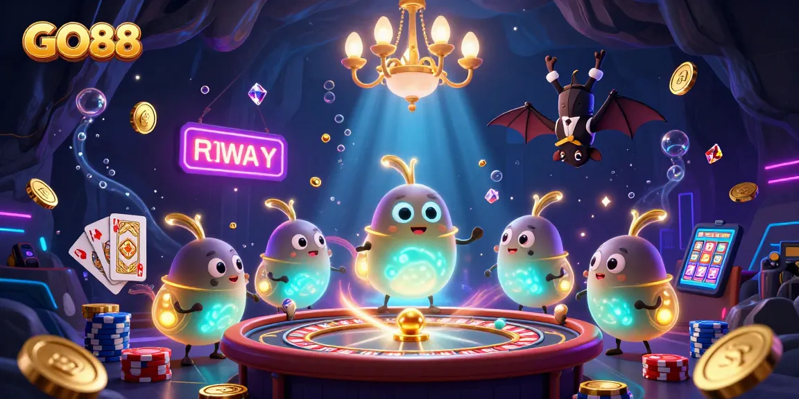 Experience the excitement of GO88 with vivid casino elements and vibrant glowworms lighting up the adventure.