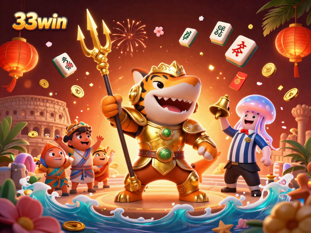 Experience the thrill of 33win's casino world through this vibrant 3D illustration showcasing intense underwater action.