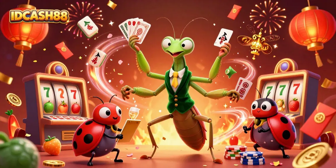 Experience victory at IDCASH88 with a vibrant scene of a giant mantis and ladybug at a slot machine.