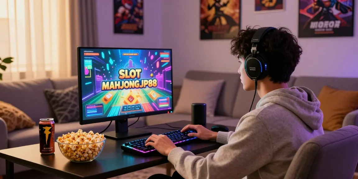 Engaging gaming scene with Slot MAHJONGJP88 screen and cozy setup