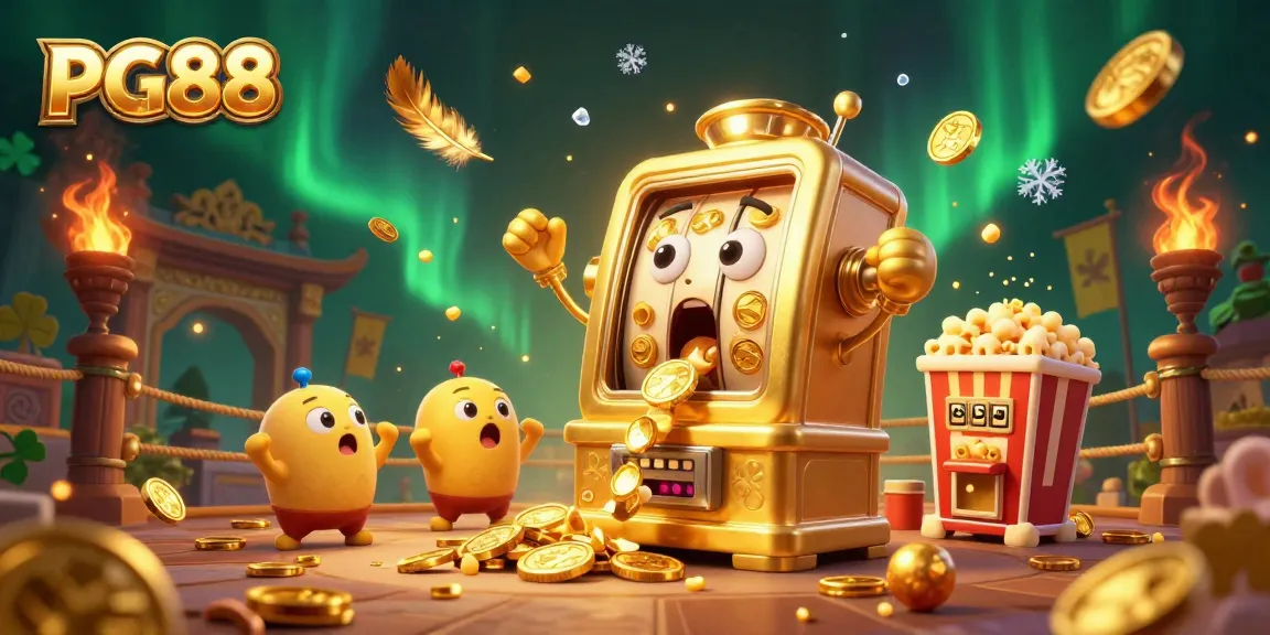 PG88 slot machine celebrates hitting a jackpot surrounded by cheering mini-slot machines and a popcorn machine.