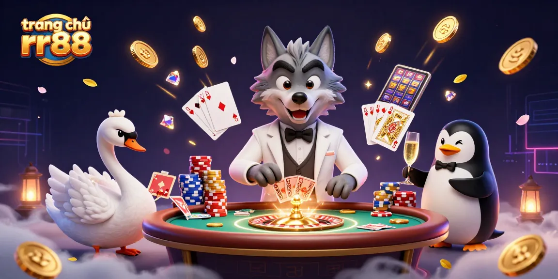 Win big at trang chủ rr88 with a lively scene of a debonair wolf, elegant swan, and sophisticated penguin in a casino