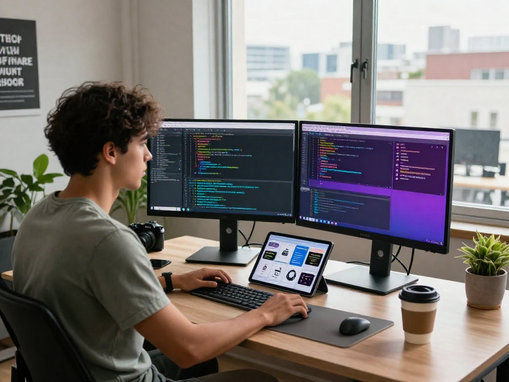 Desarrollador de software en un entorno moderno, trabajando con Immediate Edge y herramientas tecnológicas.
