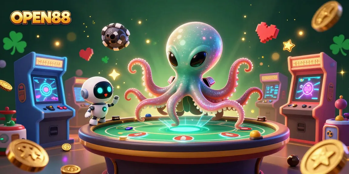 Experience excitement with OPEN88's alien octopus at a vibrant poker table amidst casino-themed gaming elements.