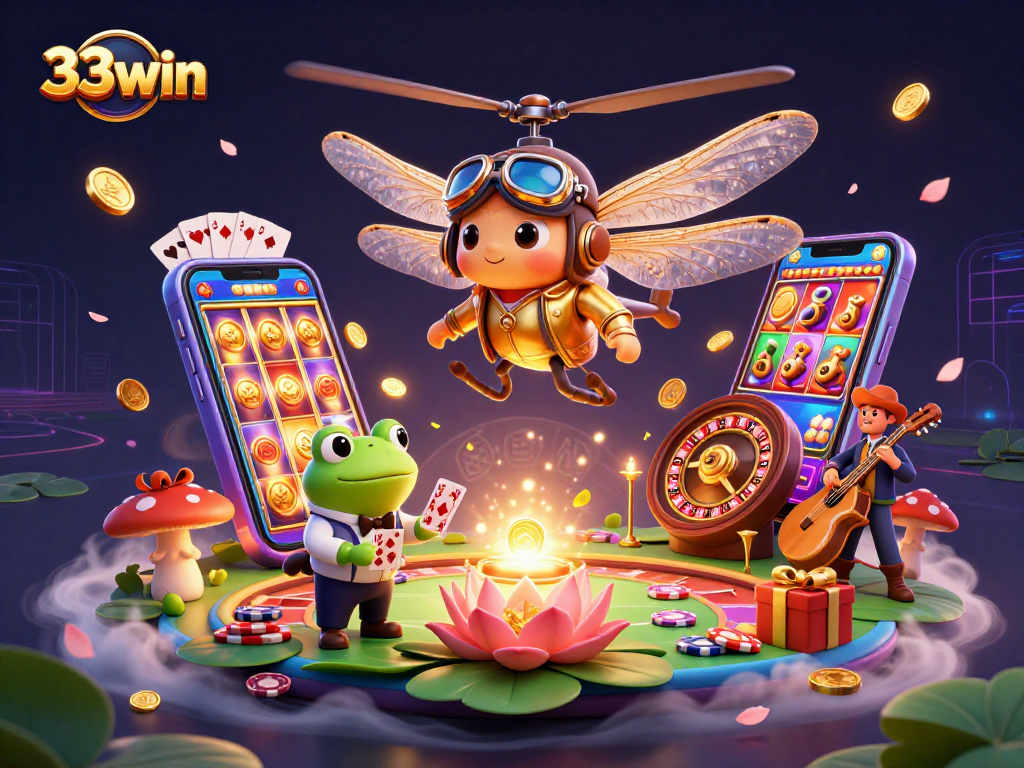 Experience thrilling wins at 33win with a vibrant casino scene including a dragonfly pilot and a frog croupier.
