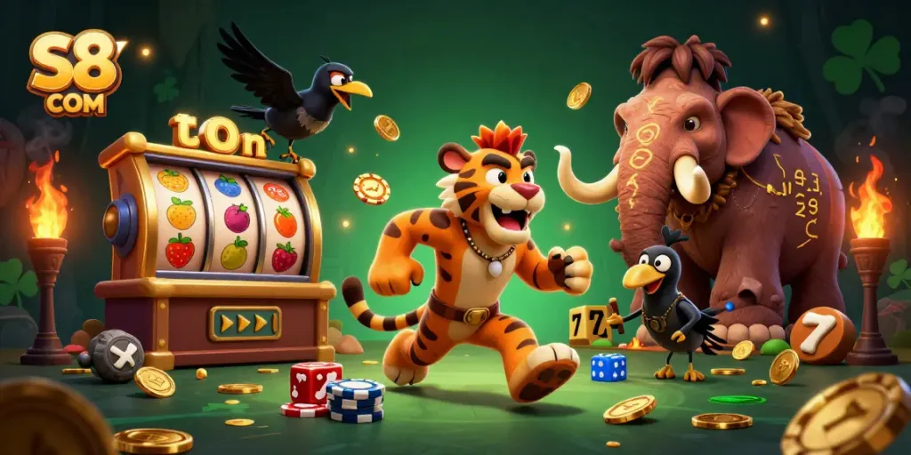 Engage in thrilling gameplay at S8 COM featuring a vibrant prehistoric casino scene with colorful slot elements.