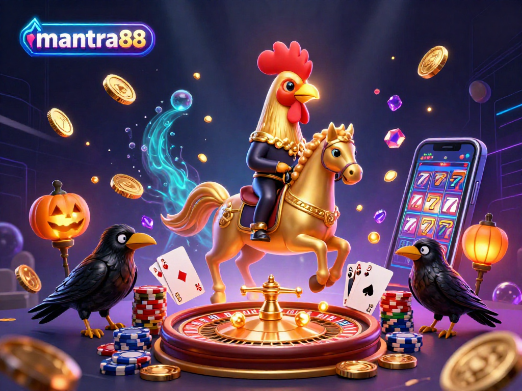 Win big with mantra88's golden rooster riding through a vibrant casino scene filled with coins and excitement.