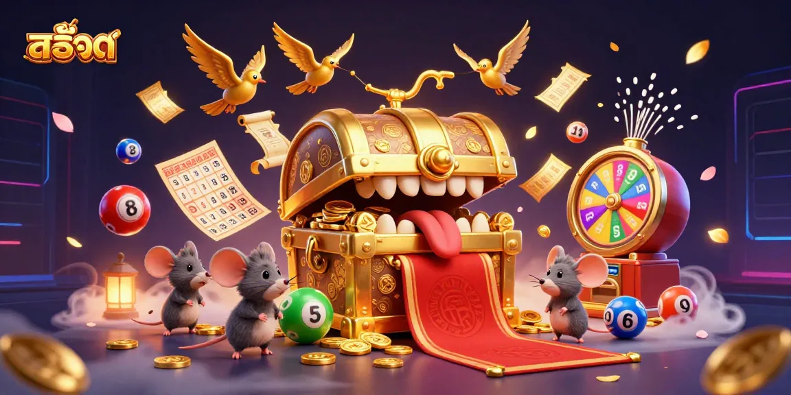 Engaging สล็อต scene with a treasure chest, lottery elements, and vibrant casino-themed graphics.