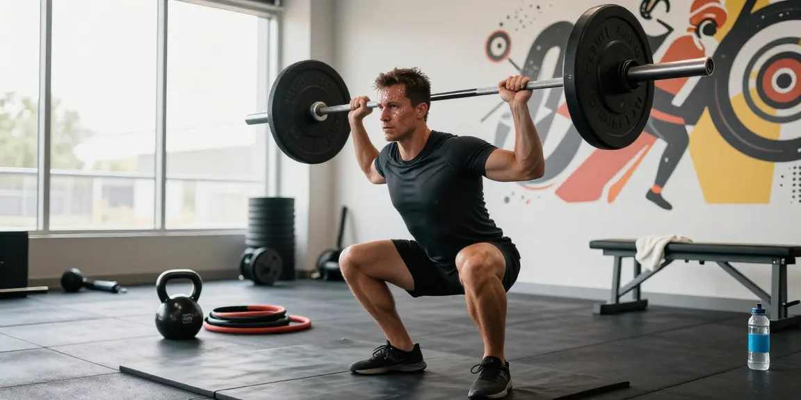Scene of a dedicated athlete in a Somatrop Steroid Shop setting, weightlifting with barbell in a vibrant gym environment