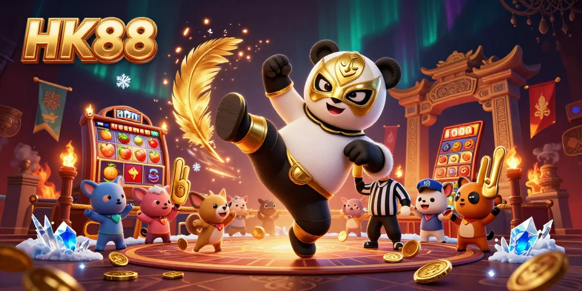 Experience the thrilling action of HK88 with cartoon characters in a vibrant casino scene featuring slots, coins, and excitement.