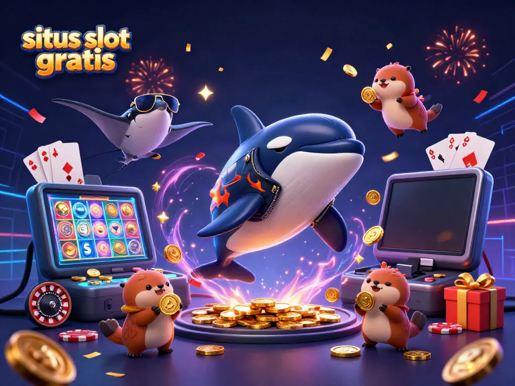 Experience excitement with situs slot gratis, featuring vibrant characters and slot games in a dynamic casino scene.