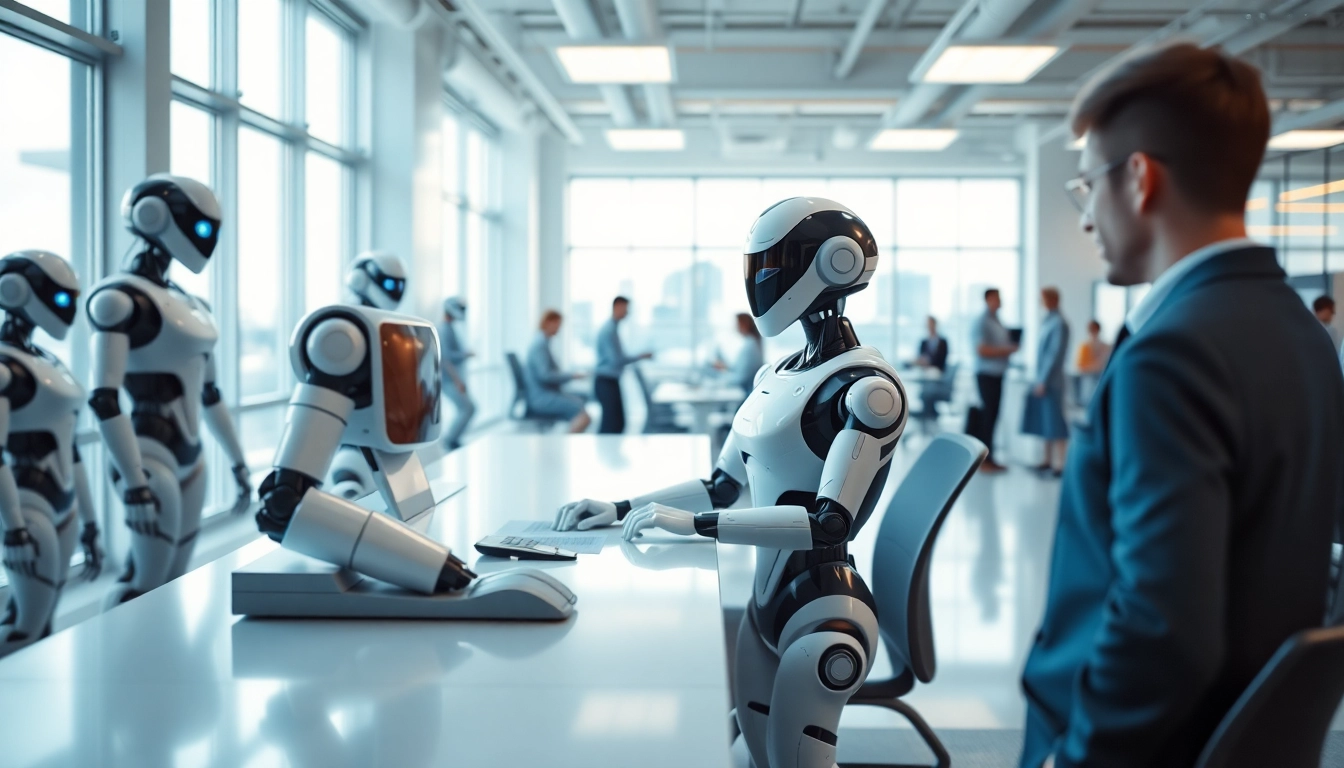 Engaging Ai Bots providing assistance in a modern office environment, illustrating teamwork.