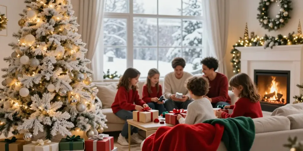 Cozy holiday living room with a white tree xmas, family celebrating.