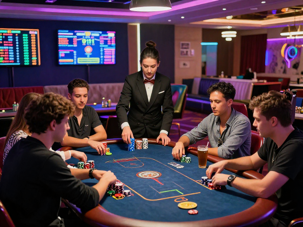 Exciting crypto casino scene with players engaged at poker table, colorful lights and digital displays.