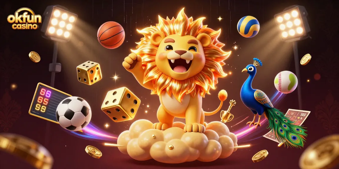 Engage with the excitement of okfun casino in a vibrant 3D illustration showcasing dynamic sports elements and golden visuals.